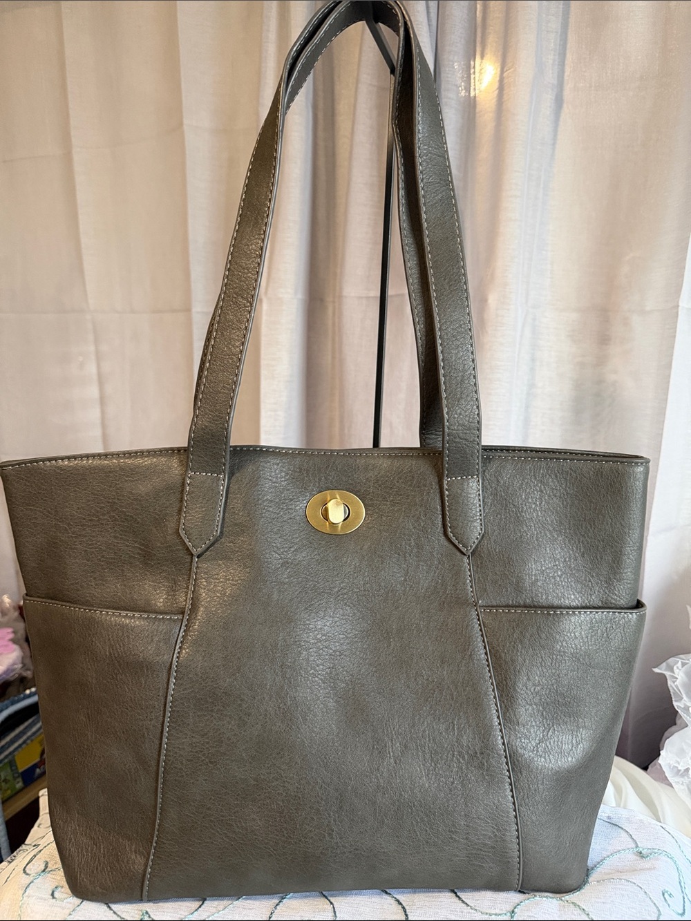 Joy Susan Gray Tote with Gold Turn-Lock